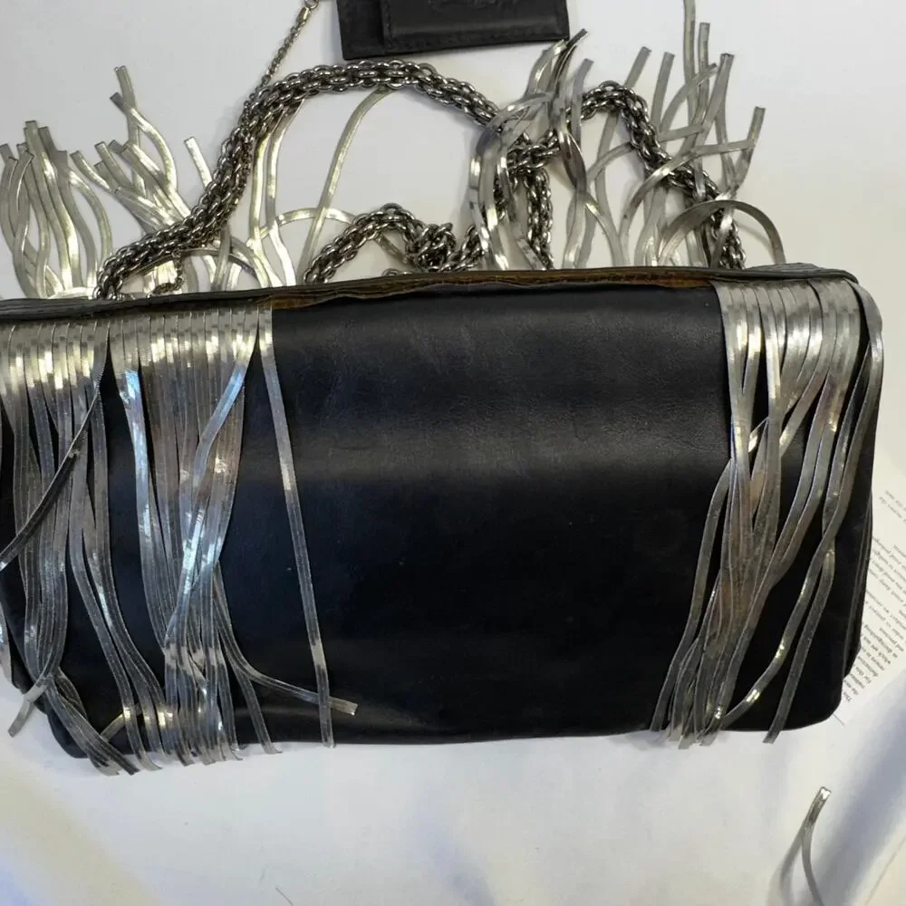 Trussardi Black Leather Fringe Crossbody Shoulder Bag Silver Chain Italy - F606